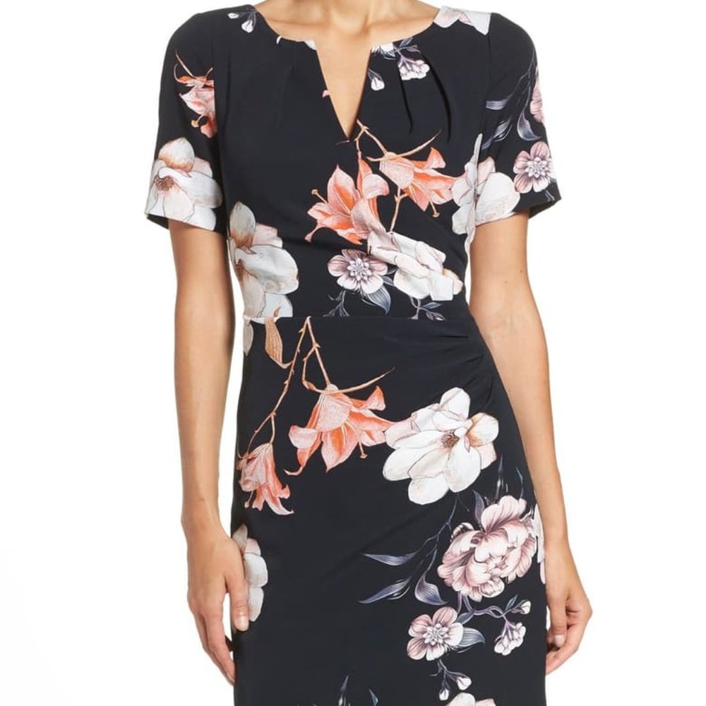Adrianna Papell Pleated Floral Sheath Dress - Picture 1 of 5